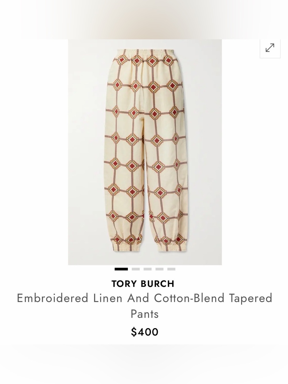 Tory Burch Cream Embroidered Tapered  Pants